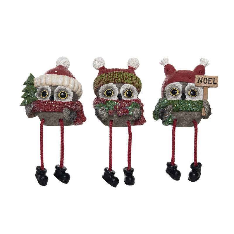 Transpac Resin Sweet Holiday Owl Shelf Sitter Set of 3 Christmas Home Decorations
