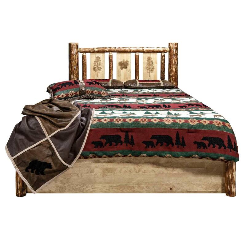 Rustic Platform Bed with Storage - Laser Engraved Pine Tree Design - Wood Bed Frame - 83" x 60" - 550lb Capacity