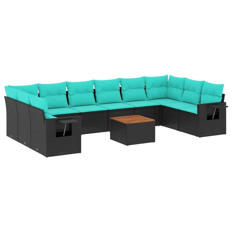 vidaXL 11 Piece Patio Sofa Set with Cushions Black Poly Rattan - 24.4 x 24.4 x 27.2
