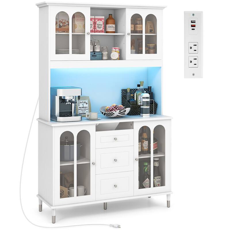 Gymax 73'' Tall Kitchen Pantry Storage Cabinet w/ LED Lights and Power - White