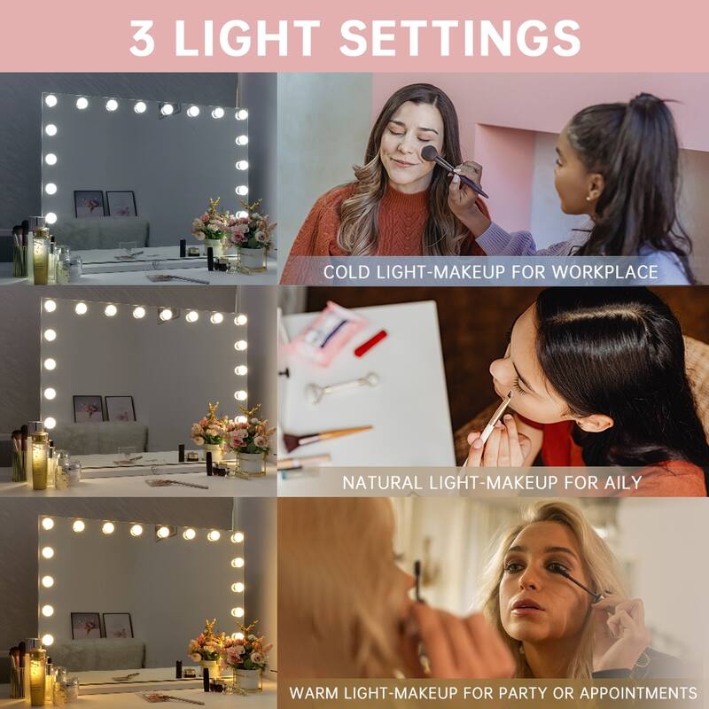 31.5"x 22.8"USB Charging Lighted Makeup Mirror with 18 LED Dimmable Bulbs,3 Color Lights Cosmetic Mirror for Tabletop and Wall