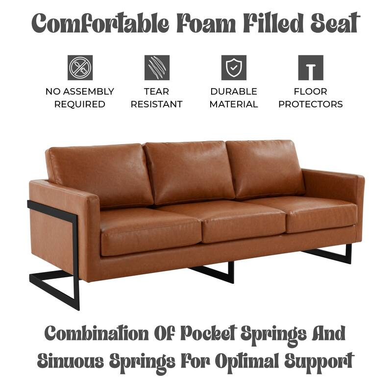 Lincoln Modern Minimalist Leather 3-Seater Sofa Couch w Removable Cushions in Stainless Steel Base for Living Room Bedroom