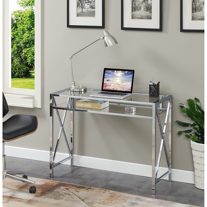 Convenience Concepts Oxford Chrome 42" Desk with Shelf - Glass/Chrome
