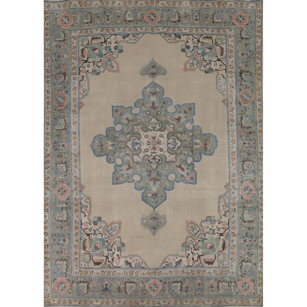 Geometric Beige Tabriz Persian Vintage Rug Hand-Knotted Wool Carpet - 8'3" x 11'0"