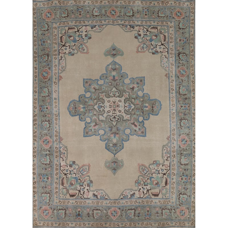Geometric Beige Tabriz Persian Vintage Rug Hand-Knotted Wool Carpet - 8'3" x 11'0"