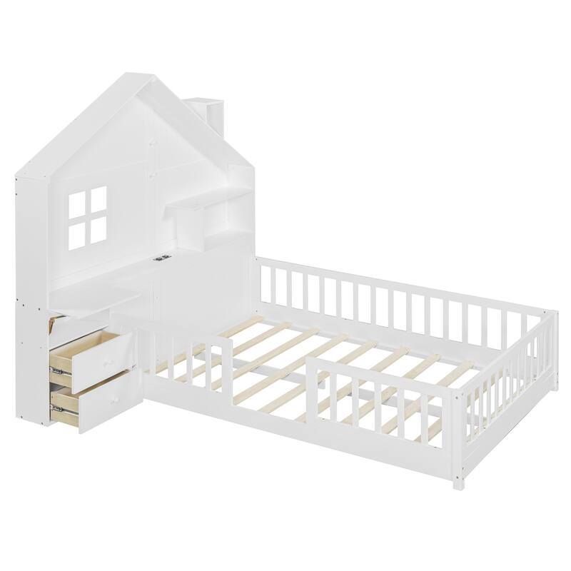 Wooden Floor Platform Bed with House Shape Storage Wingback Headboard, House Bed with USB, Window and Bedside Drawers