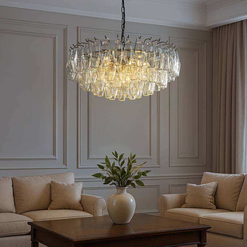 28'' Midcentury Modern Murano Glass Round Chandeliers 6-Light Handblown Glass Pendant Light Aged Bronze Finish For Dining Room