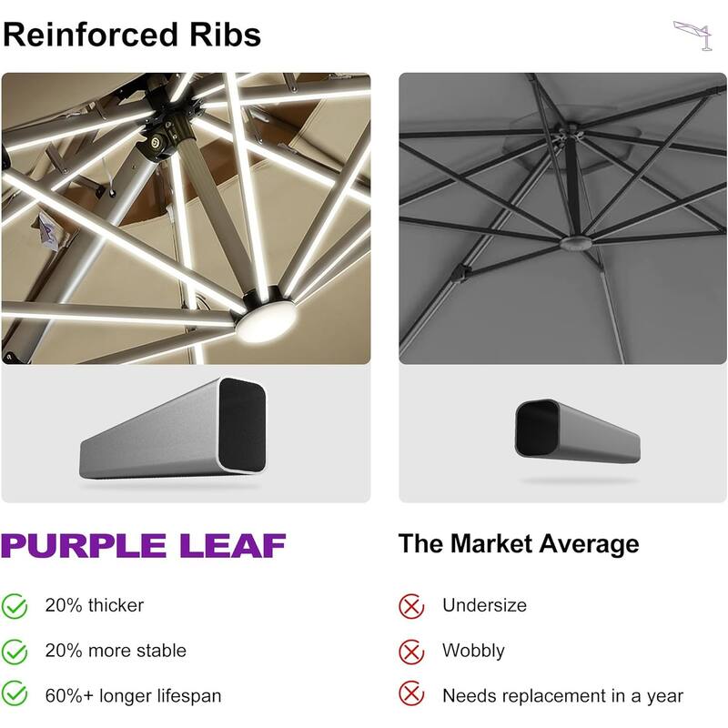 PURPLE LEAF 9/10/11 ft Square 09x12 ft Rectangle Double Top LED Patio Cantilever Umbrella with Base