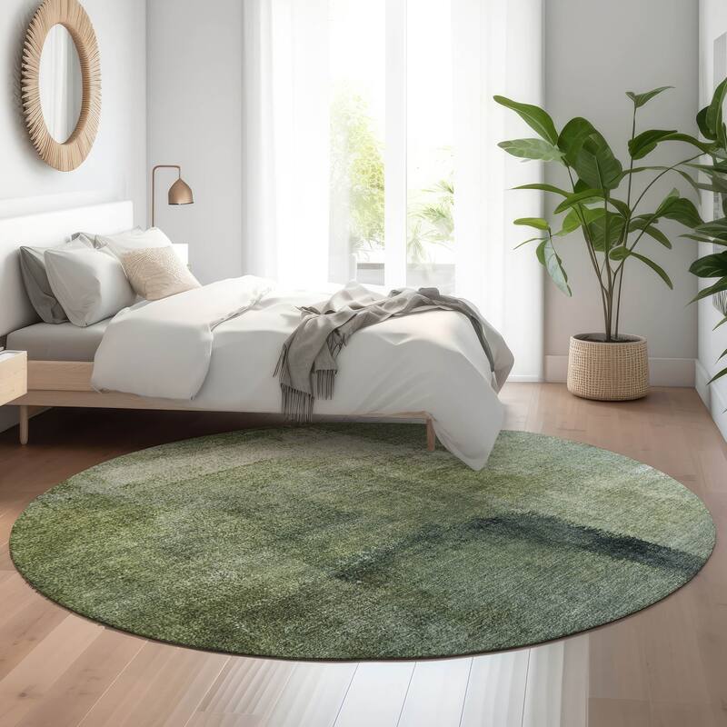 Premium Washable Super Soft Brushstrokes Abstract Mayfield Rug - Green - 8' x 8' - Round