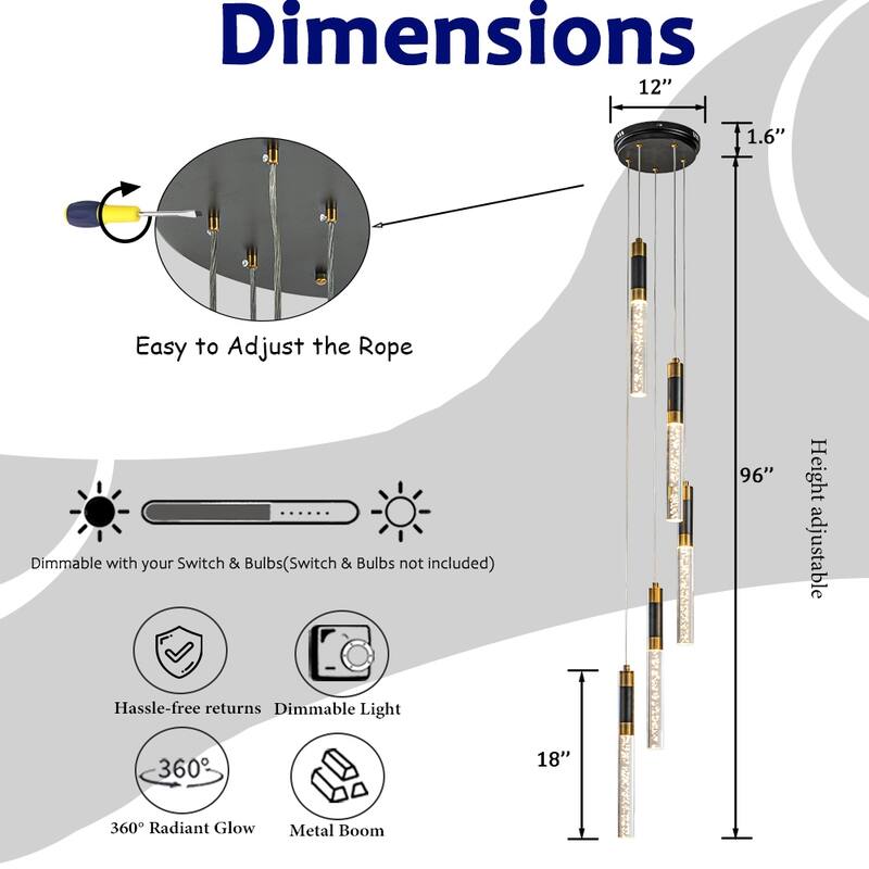 12'' Modern 5-Light Seeded Bubble Glass Cluster Integrated LED Staircase Chandelier Pendant Light In Matte Black - W12''
