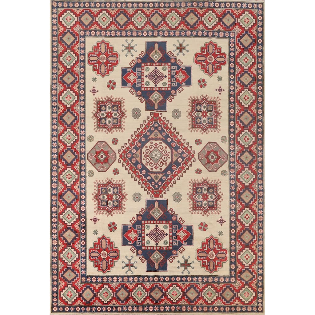 Ivory Geometric Kazak Oriental Area Rug Handmade Wool Carpet - 8'4"x 11'7"