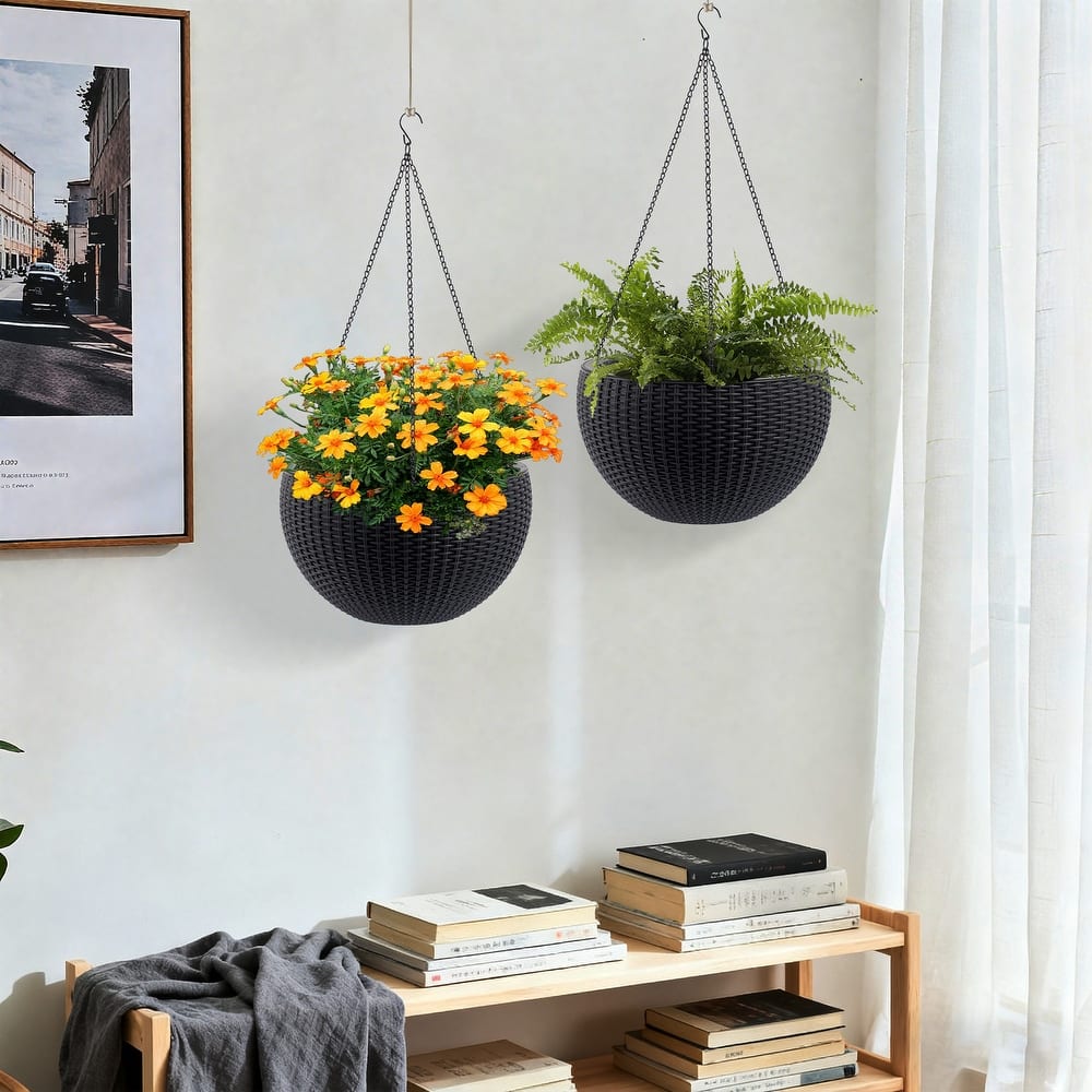 13.4" Self-Watering Hanging Rattan-Inspired Planter with Water Level Indicator