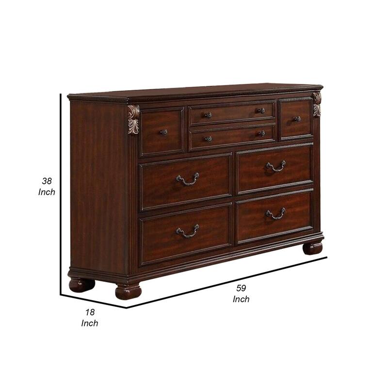 Miri 59 Inch 8 Drawer Dresser, Brass Carved Trim Accents, Cherry Oak Brown