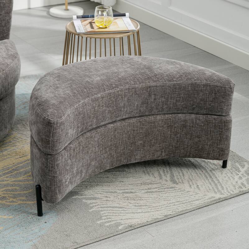 32.7" W Sherpa Upholstered Half Crescent Moon Storage Bench Large Ottoman With Tray Serve As Side Table Soft Padded Seat