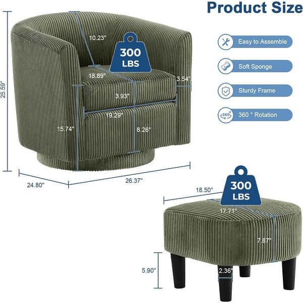 dimension image slide 3 of 4, 360° Swivel Accent Chair with Ottoman, Barrel Chair with Upholstered