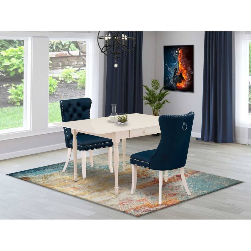HomeStock 3-Pc Linen White Finish Rectangular Solid Wood Top with Dropleaf Dining Table Set