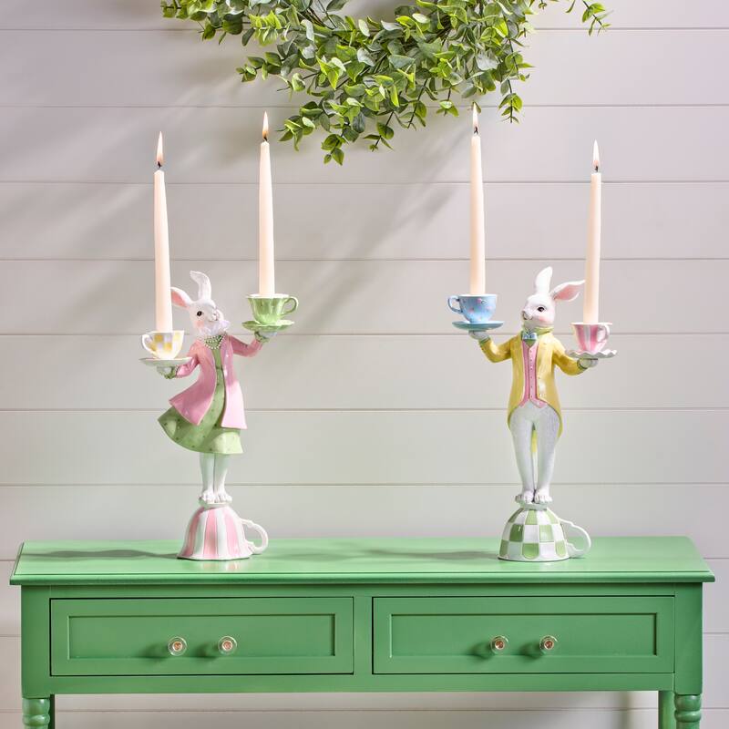 16" Resin Bunny With Tea Cups Set of 2