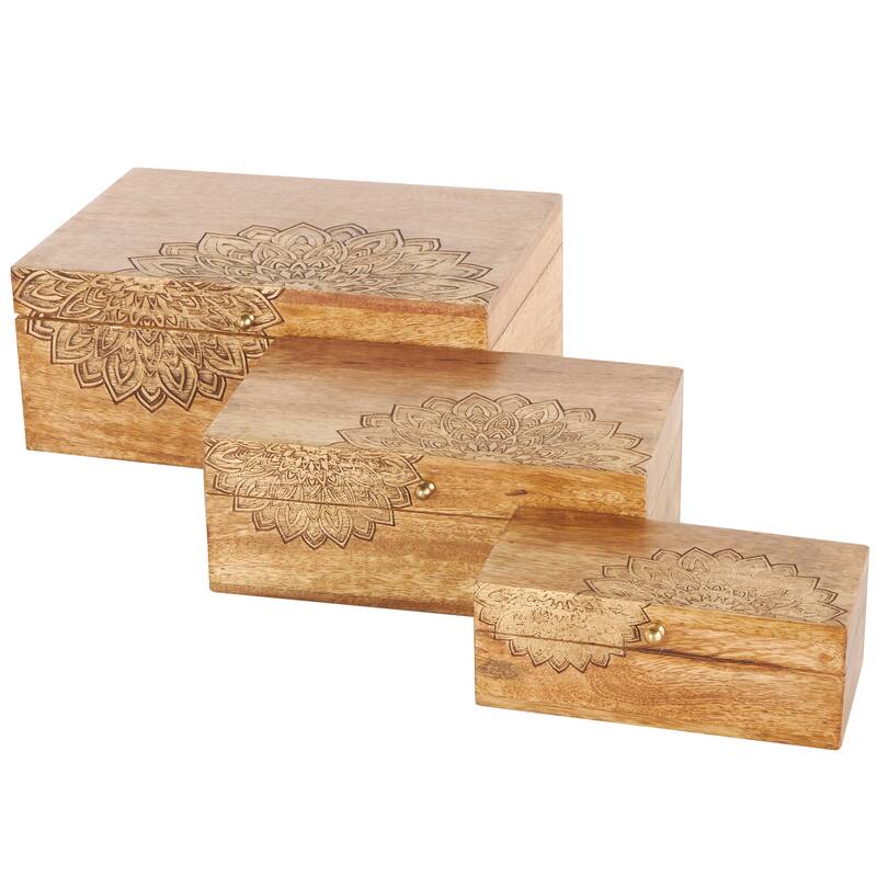 Brown Mango Wood Handmade Storage Scroll Box with Gold Accents (Set of 3)