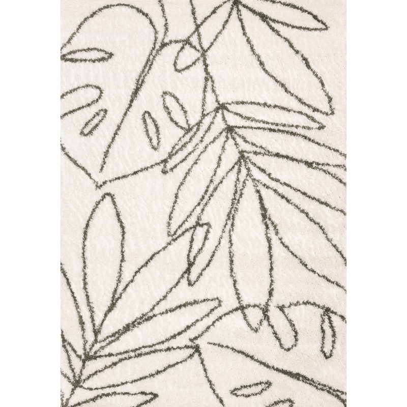 Cream Black Leaf Sketched Leaves Shag Area Rug, 3'11" x 5'7"