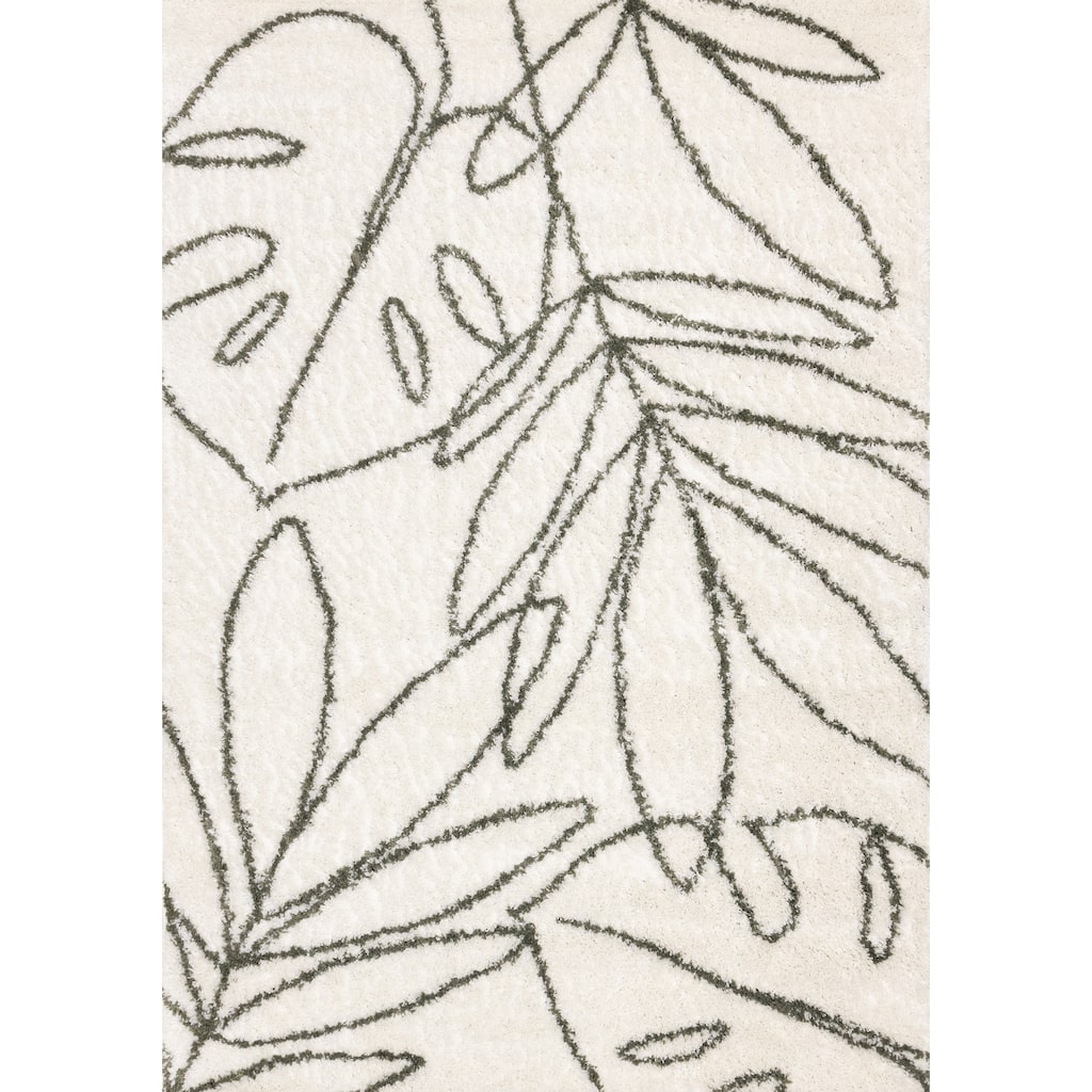 Cream Black Leaf Sketched Leaves Shag Area Rug, 3'11" x 5'7"