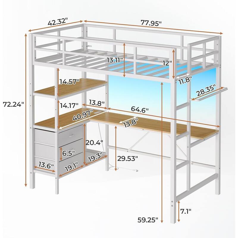 Loft Bed with L-Shaped Desk Charging Station Metal LED Lights 3 Fabric Drawers