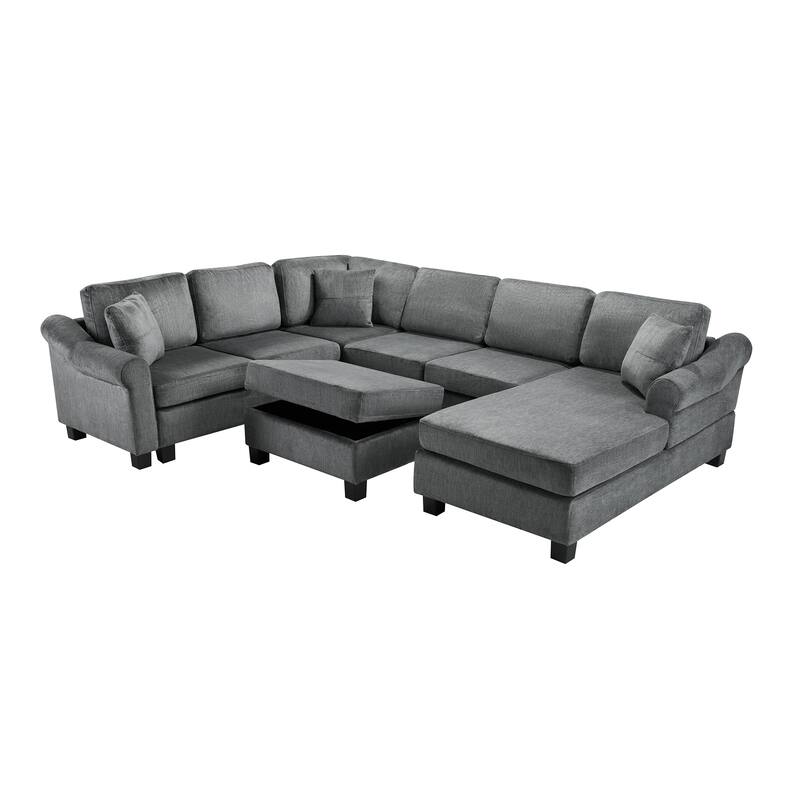 4-piece Sectional Sofa with Movable Storage Ottoman, Dark Gray Chenille for Living Room