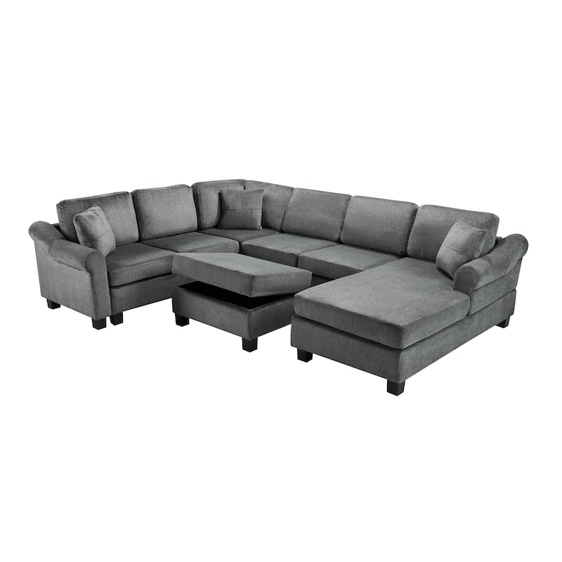 Sectional Sofa 111.8" U-shaped Sofa, Chenille Upholstered Sofa Couch with Movable Storage Ottoman for Living Room