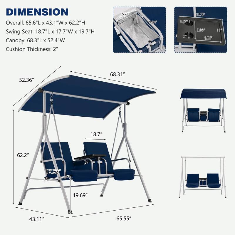Outdoor Porch Swing with Stand, 2 Person Swing with Canopy, Pivot Storage Table, 2 Cup Holders, Cushions for Patio, Backyard