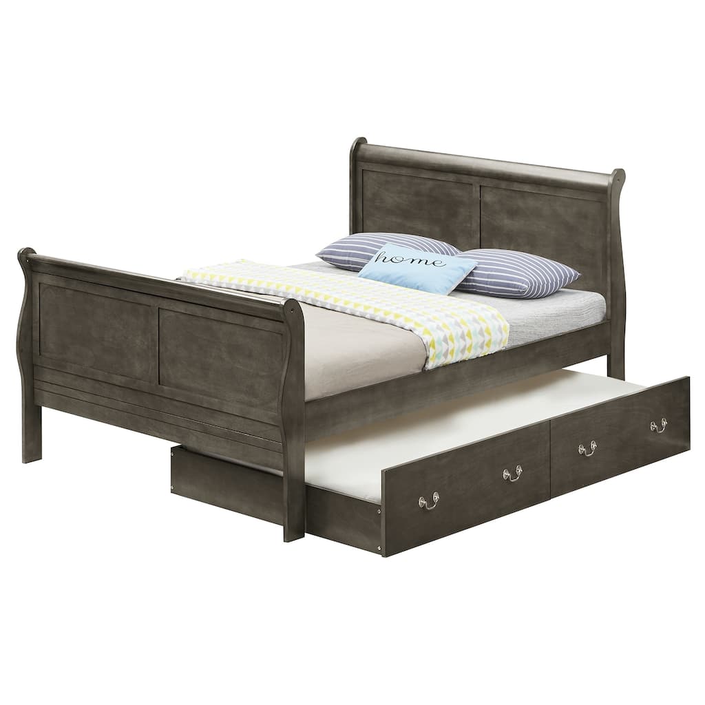 Wooden Full Platform Bed with Trundle - 87" - Gray