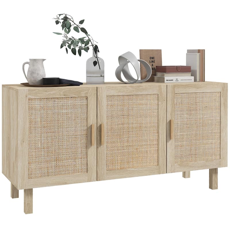 Boho Design Buffet Cabinet with 3 Rattan Doors and Adjustable Shelves for Living Room - Natural
