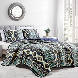 Queen Size - 3 Piece Navy Blue Tribal Reversible Quilt Coverlet ...