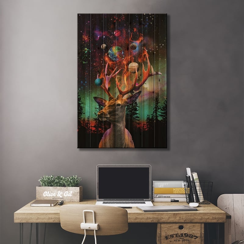 Planetary Deer Print On Wood by David Loblaw - Multi-Color