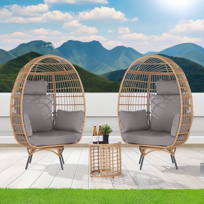 SANSTAR Set of 2 Patio Oversized Swivel Brown Wicker Egg Chairs with Cushions