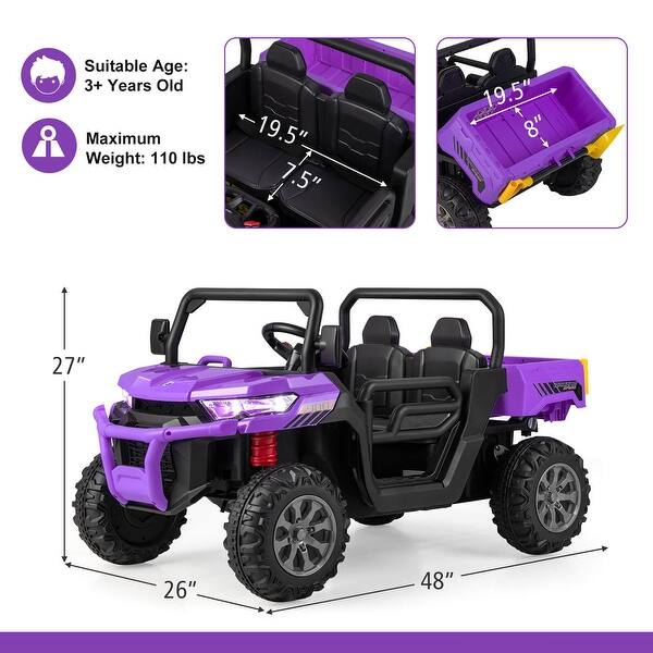 12V Kids Ride On Truck Car with Remote Control and 2 Seaters-Purple - 48" x 27" x 26"