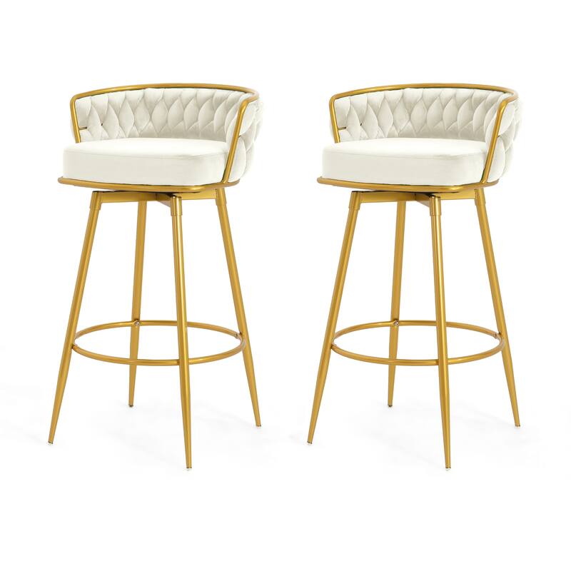 Swivel Bar Stools Counter Height Chairs, Velvet Upholstered Barstools with Hand-Woven Backrest and Gold Metal Legs, Set of 2