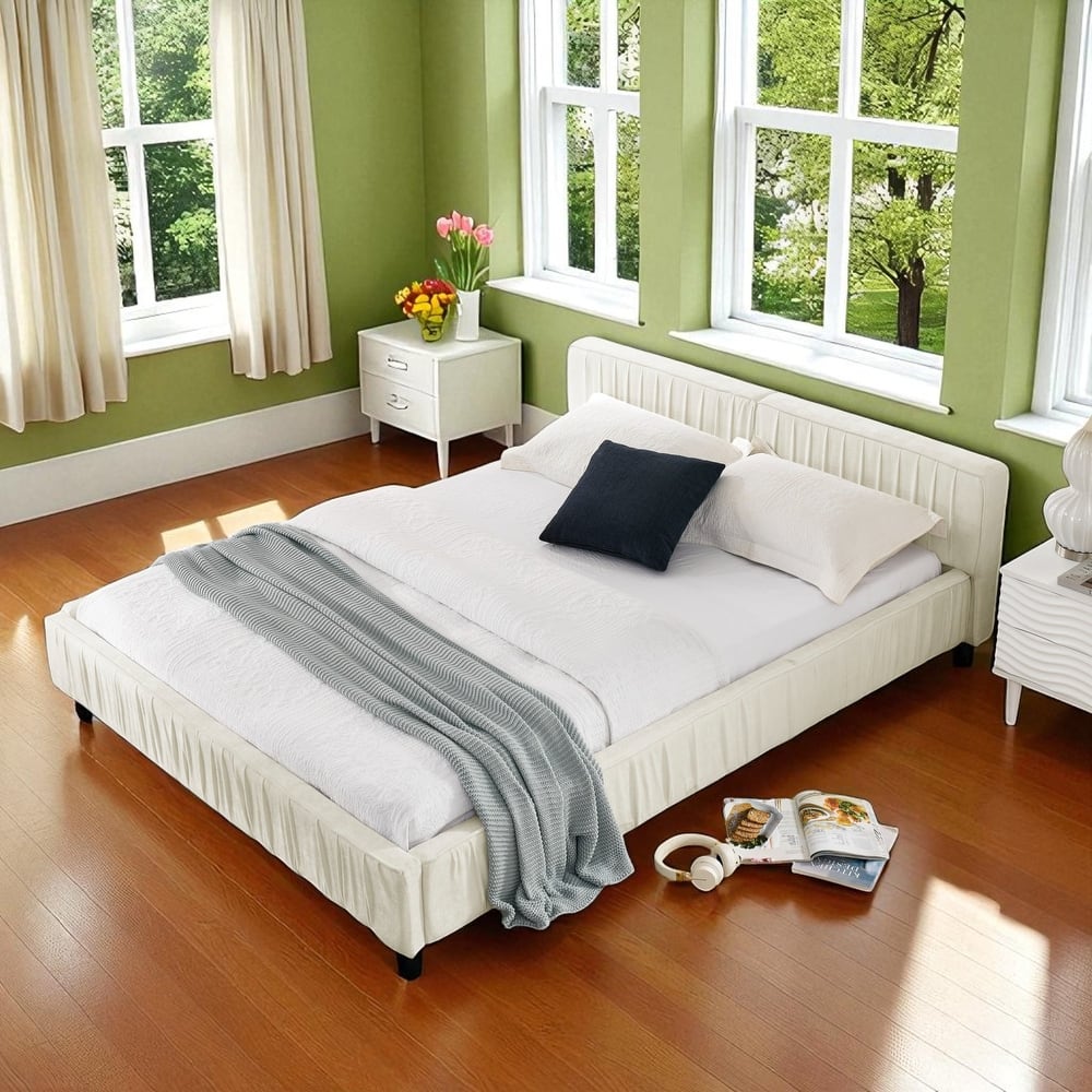 Queen Size Upholstered Platform Bed Frame with Chenille Pleated Headboard, Solid Wood Slats, No Box Spring Needed