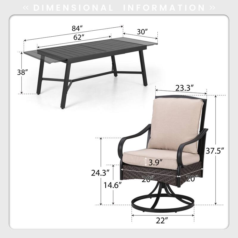 MAISON ARTS 9/7-Piece Patio Dining Set with Rattan Swivel Chairs and a Expandable Dining Table