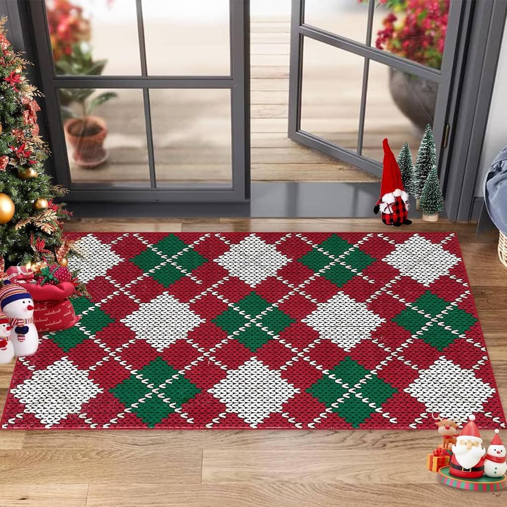 Christmas Holiday Plaid Throw Area Rugs, Non Slip Machine Washable, Green+Red