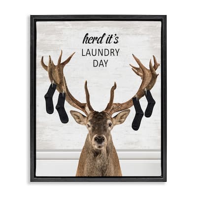 Stupell Laundry Elk with Hanging Socks Framed Floater Canvas Wall Art Design By Lettered and Lined