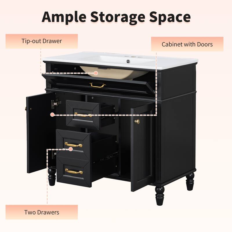 Roomfitters 36" Bathroom Vanity & Mirror Cabinet Set, Textured Solid Wood Frame, Soft-Close Doors & Tip-Out Tray