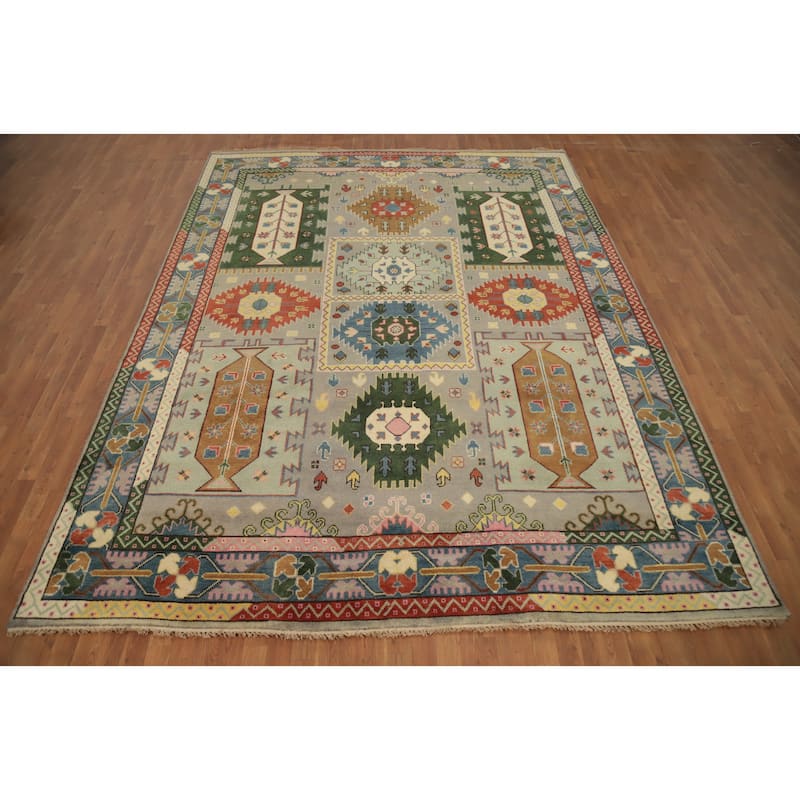 Hand Knotted Oriental 100% Wool Carpet Traditional Geometric Greys & Charcoal Kazak Area Rug - 11' 11'' X 9' 2''