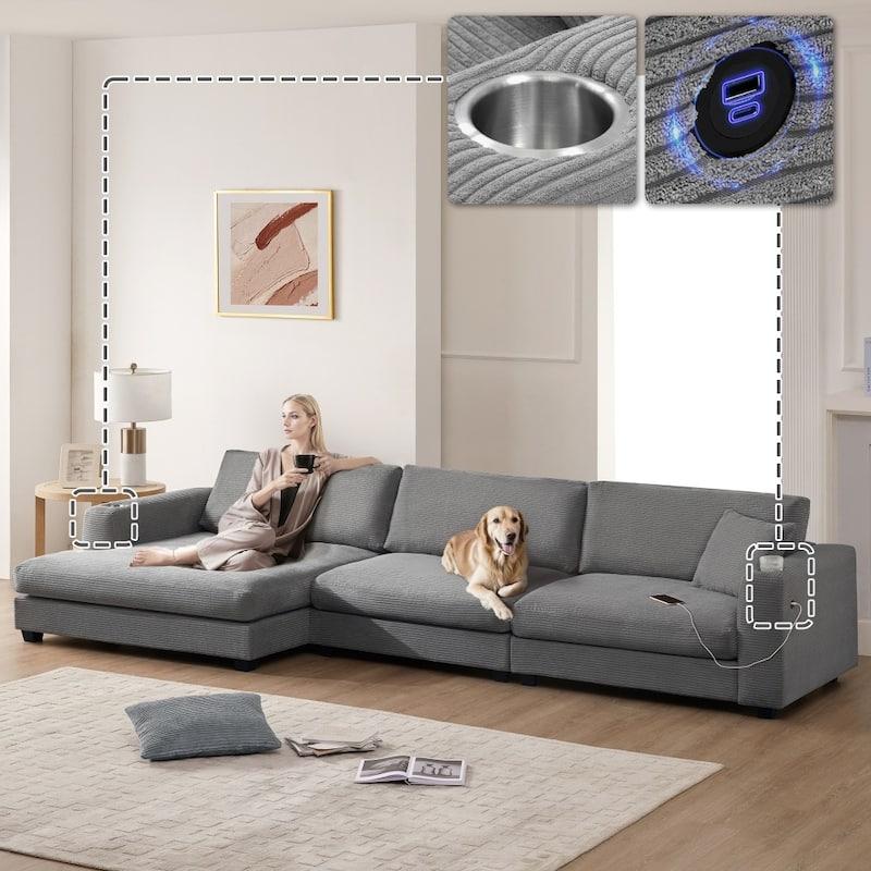 134" Oversized Corduroy Sectional L-shaped Cloud Sofa with USB Charging Port and Cup Holder - Grey