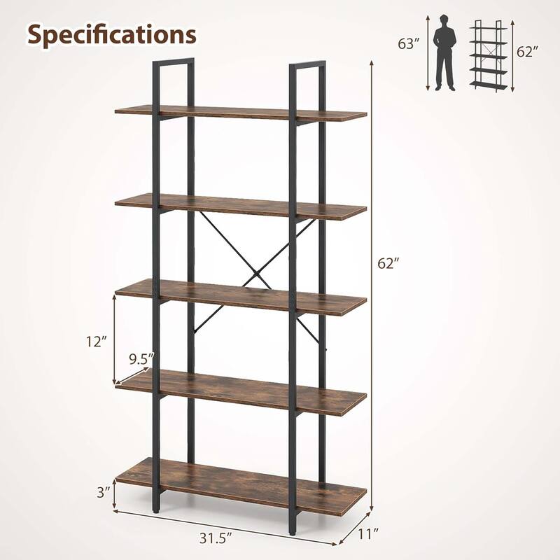 1/2 PCS 5-Tier Bookshelf 62" Tall Book Storage Organizer Shelf
