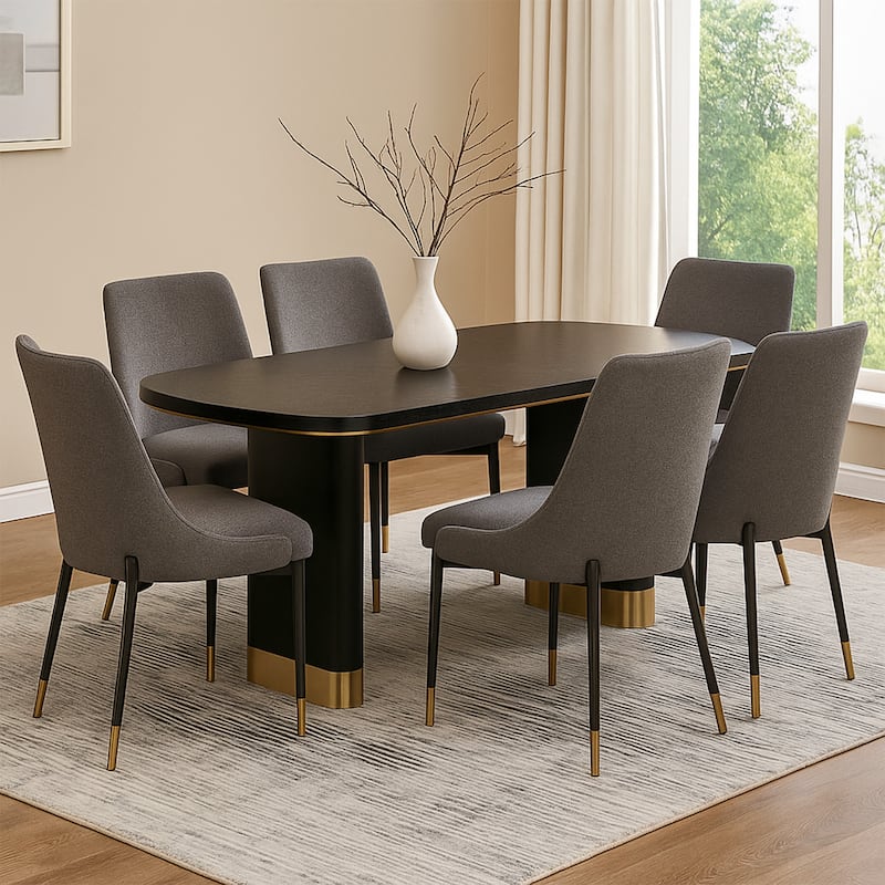 79 Inch Modern Dining Table, Oval Shaped Surface, Brass Metal Accents