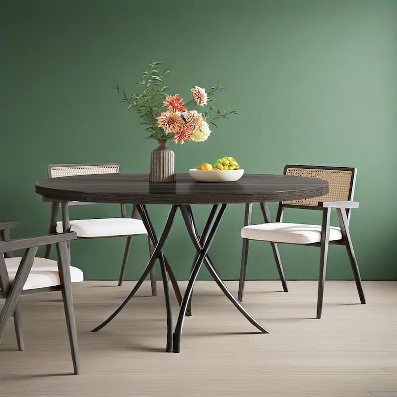 48" Modern Black Round Dining Table with Engineered Wood Top and Metal Cross Legs - 47.24”Dia x 29.13”H