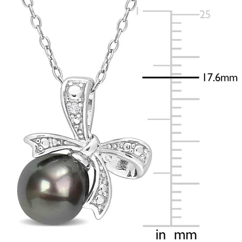 Miadora 8-8.5mm Black Tahitian Cultured Pearl and Diamond Accent Bow Pendant with Chain in Sterling Silver - 17.6 mm x 16.2 mm