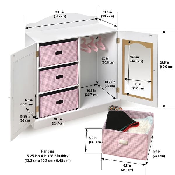 Badger Basket Mirrored Doll Armoire with 3 Baskets and 3 Hangers - White/Pink