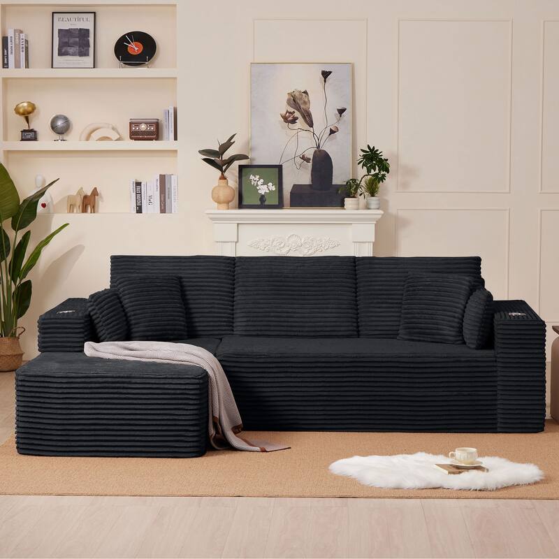 102.76" Corduroy Cloudy L Shaped Sofa with Headrests - Black