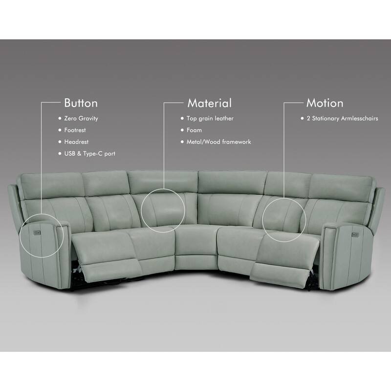 104" W 3-Color Genuine Leather Power Reclining sectional sofa With Zero Gravity, USB&USB-C Ports, 2 Stationary Armlesschairs