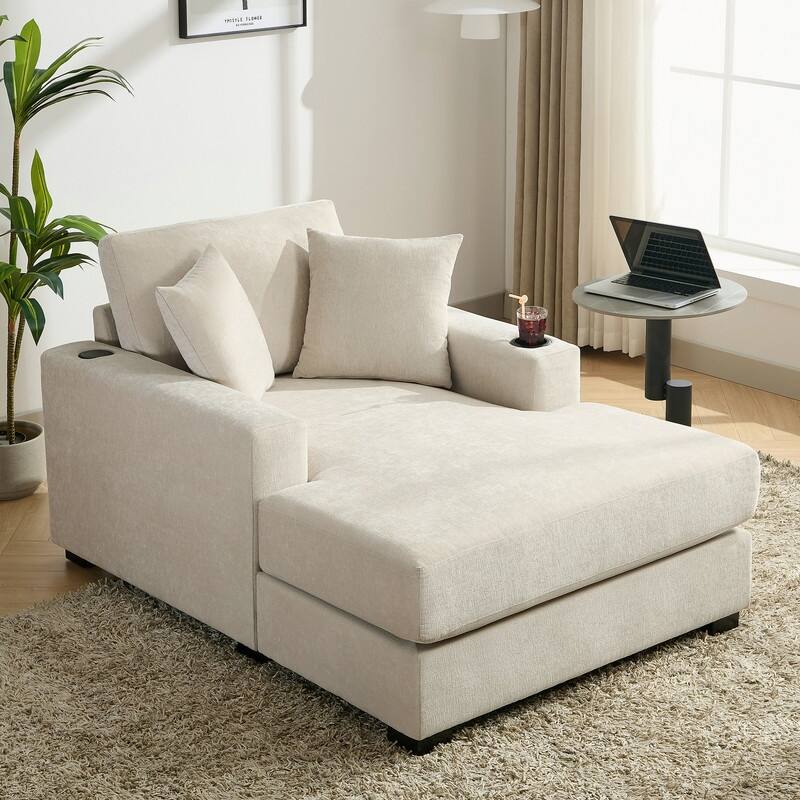 Chenille Fabric Oversized Chaise Lounger, 39.7''/43.5''/55'' Chair Bed Sofa Couch with Pillows, Charge Station & Cup Holders - 43.5'' - Cream
